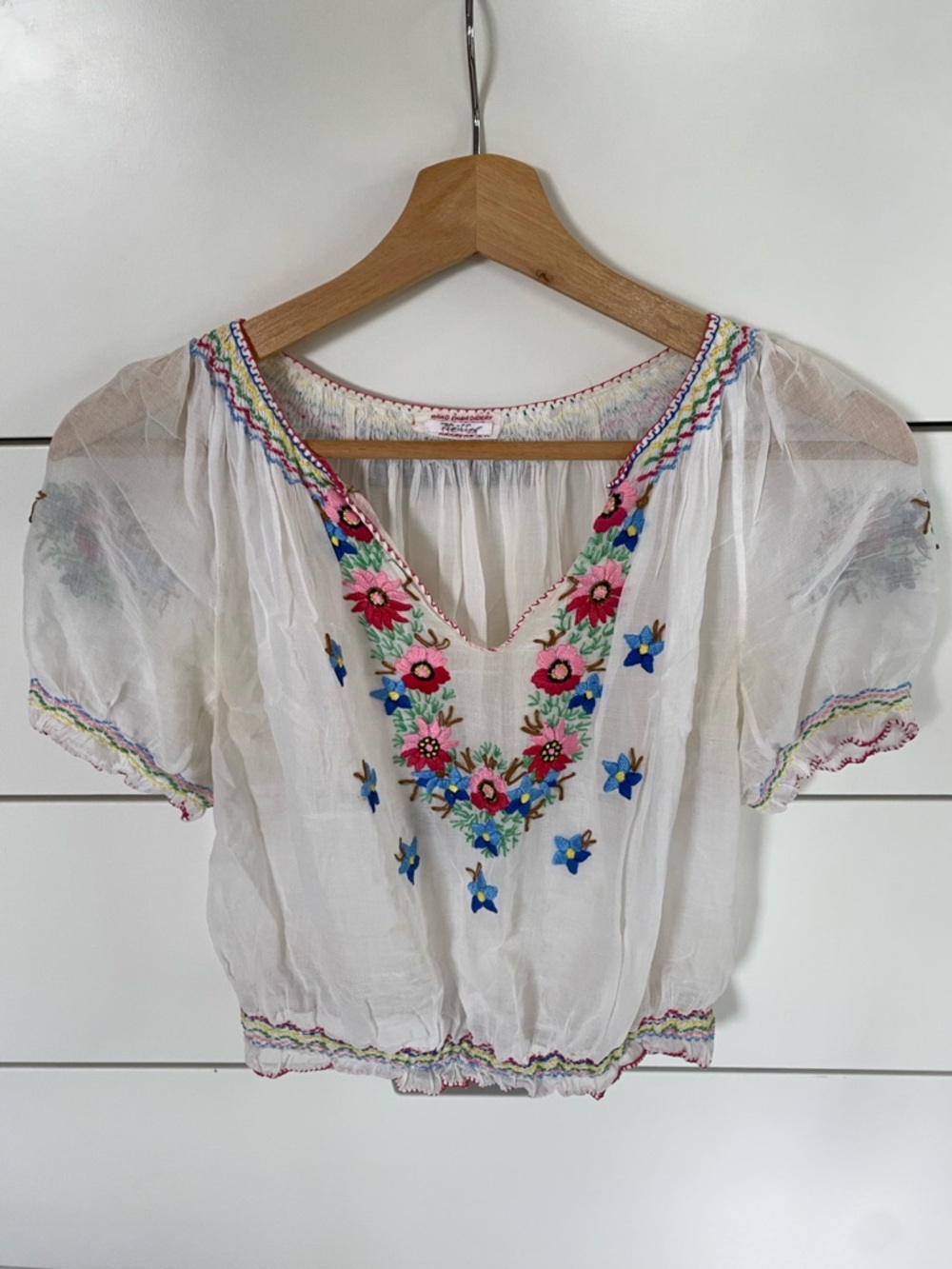 Hand Embroidered White Floral Peasant Top, Boho